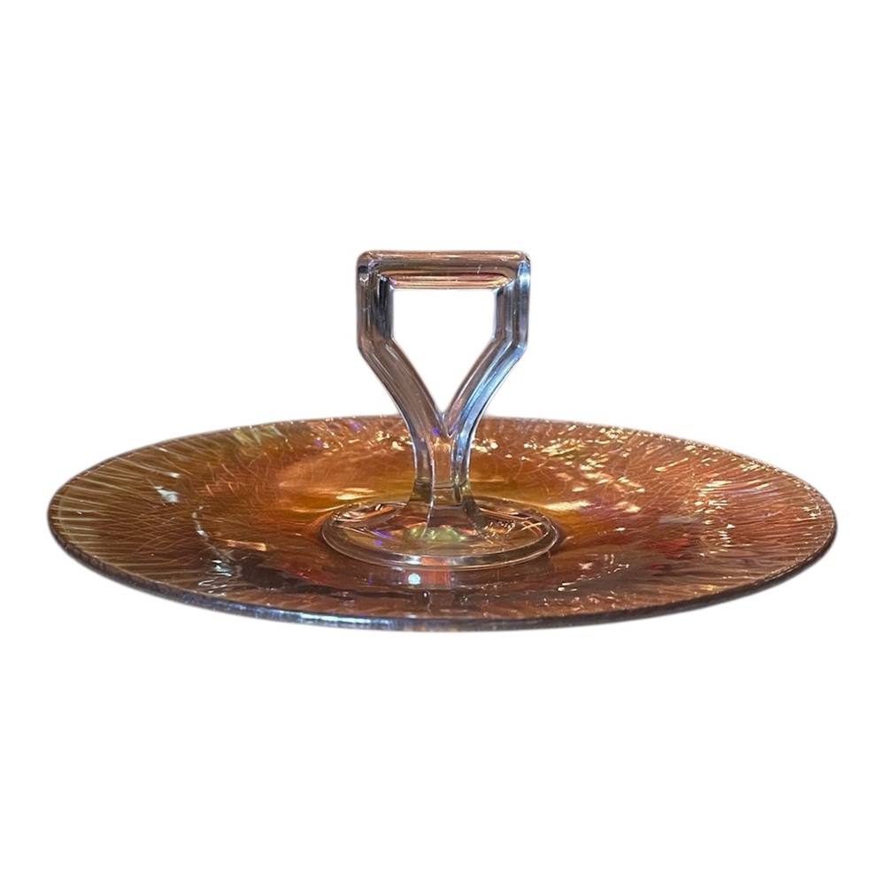 Vintage Iridescent Peach/ Orange Serving Tray Center Handle Crackled Glass- MCM